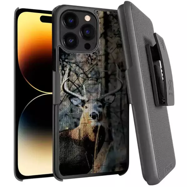 iPhone 14 Pro Holster Case With Belt Clip Kickstand Camo Deer