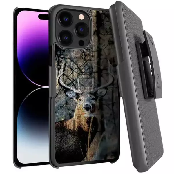 iPhone 14 Pro Max Holster Case With Belt Clip and Kickstand Camo Deer Dots