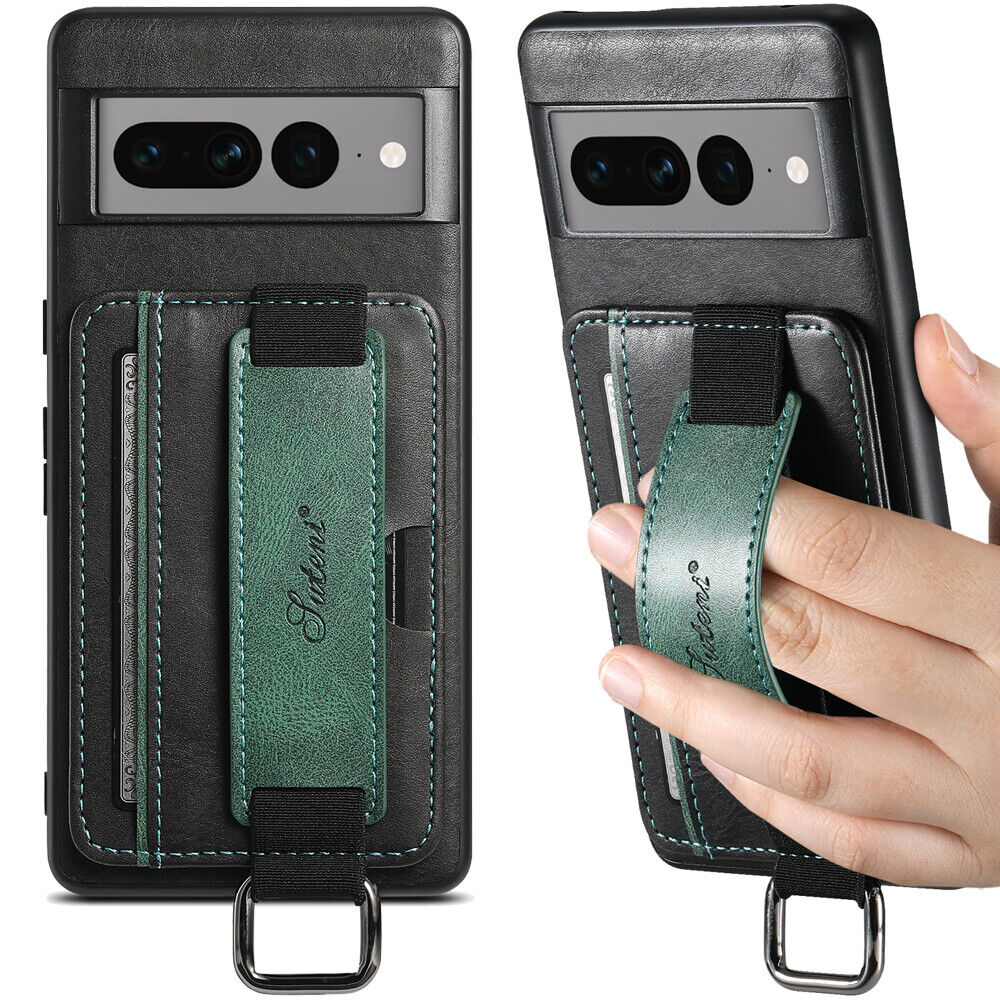 Google Pixel 6 6 Pro 6A Shockproof Leather Card Slot Handle Strap Case Black
