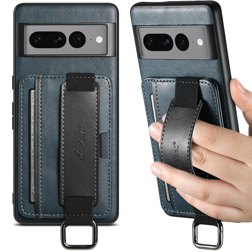 Google Pixel 6 6 Pro 6A Shockproof Leather Card Slot Handle Strap Case Blue