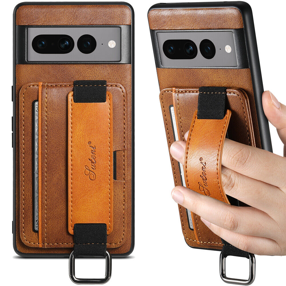 Google Pixel 6 6 Pro 6A Shockproof Leather Card Slot Handle Strap Case Brown