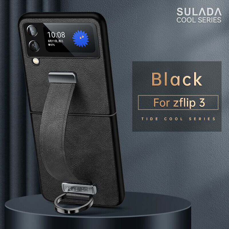Samsung Galaxy Z Flip 4 3 5G Shockproof Handle Strap Stand Leather Back Case Black