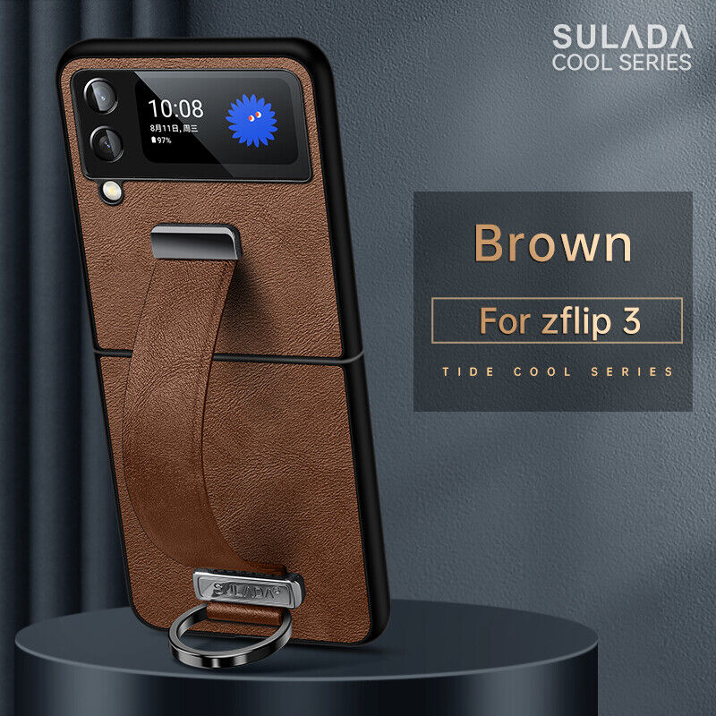 Samsung Galaxy Z Flip 4 3 5G Shockproof Handle Strap Stand Leather Back Case Brown