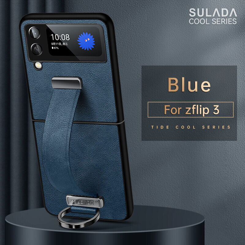 Samsung Galaxy Z Flip 4 3 5G Shockproof Handle Strap Stand Leather Back Case Dark Blue