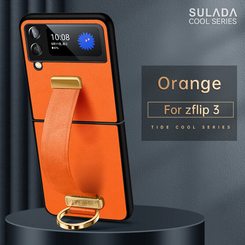 Samsung Galaxy Z Flip 4 3 5G Shockproof Handle Strap Stand Leather Back Case Orange