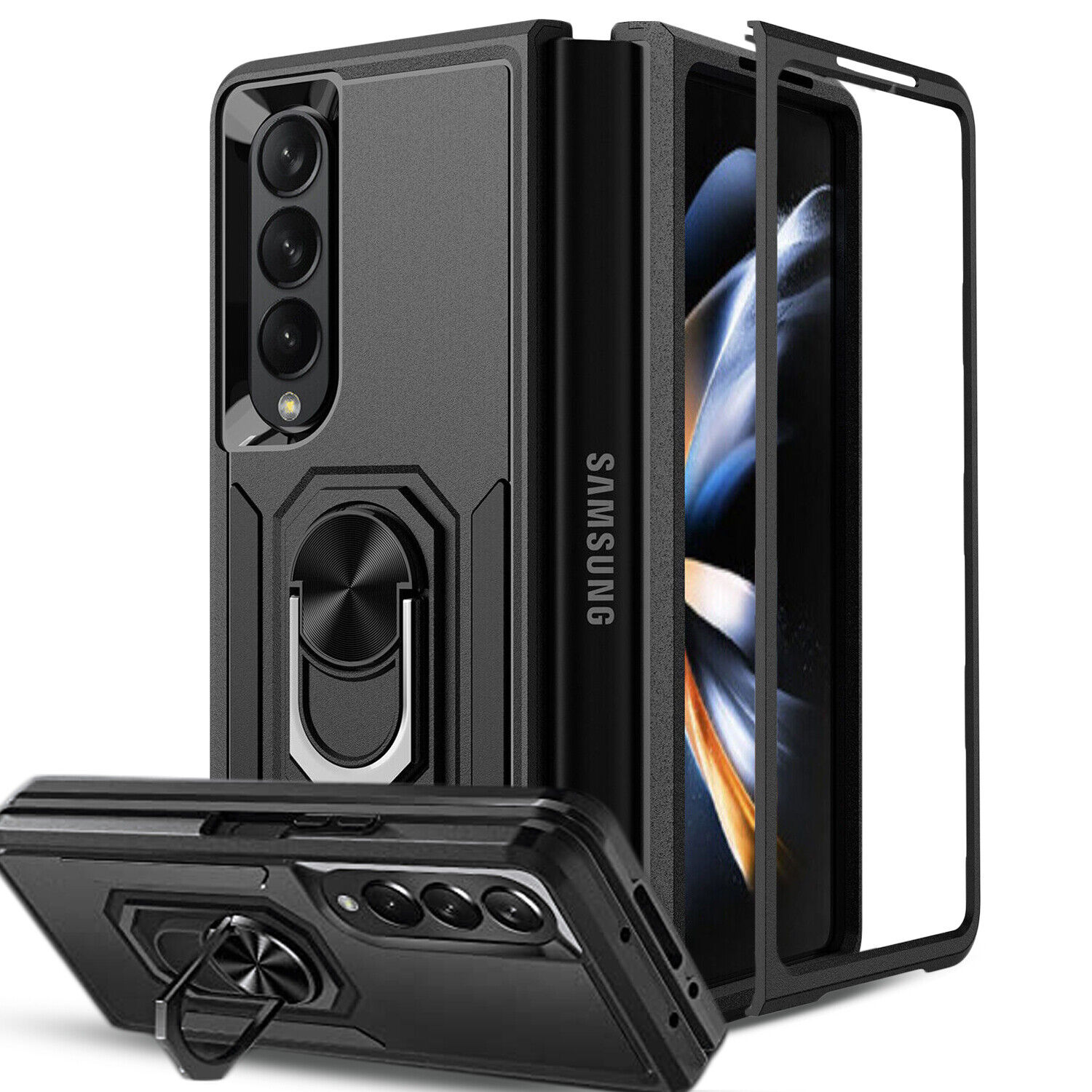 Samsung Galaxy Z Fold4 5G Case, Ring Holder Kickstand Shockproof Phone Cover Black