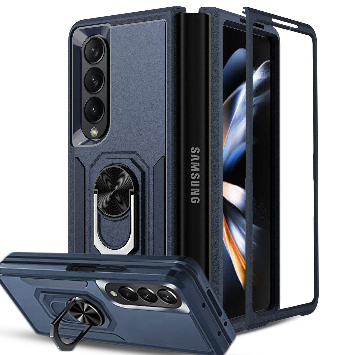 Samsung Galaxy Z Fold4 5G Case, Ring Holder Kickstand Shockproof Phone Cover Blue