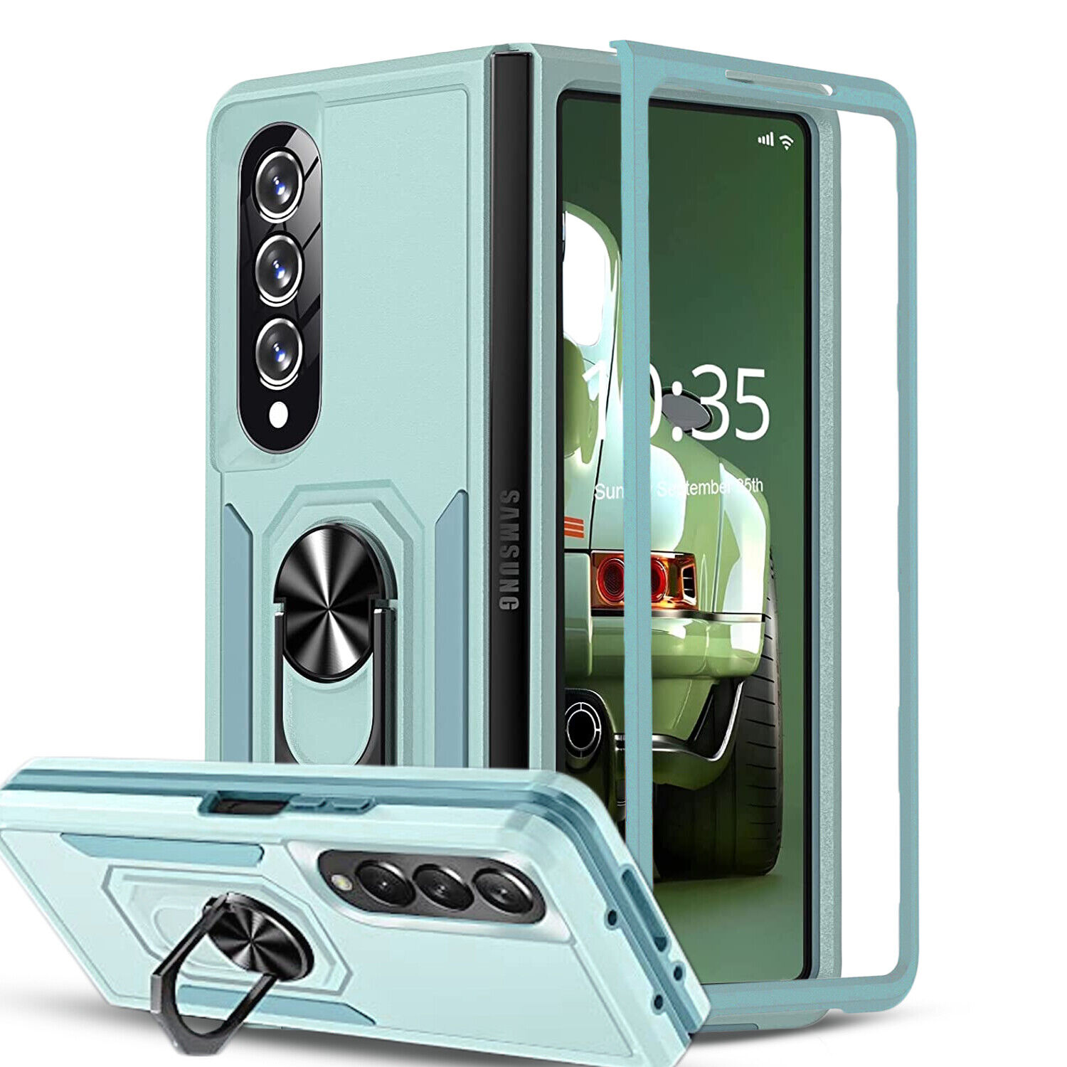 Samsung Galaxy Z Fold4 5G Case, Ring Holder Kickstand Shockproof Phone Cover Green