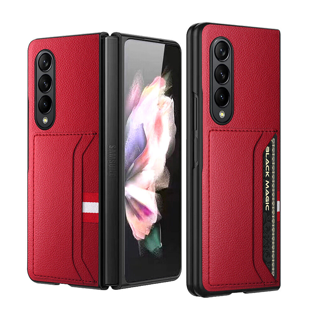 Samsung Galaxy Z Fold4 Shockproof Leather Card Wallet Hybrid PC Case Cover Red