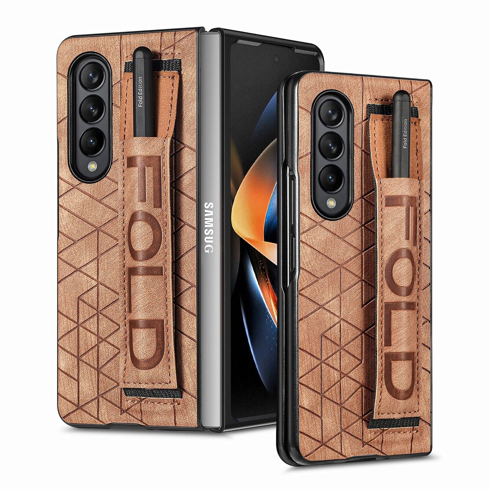 Samsung Galaxy Z Fold4 Shockproof Leather Case Wristband Stand Case Cover Brown