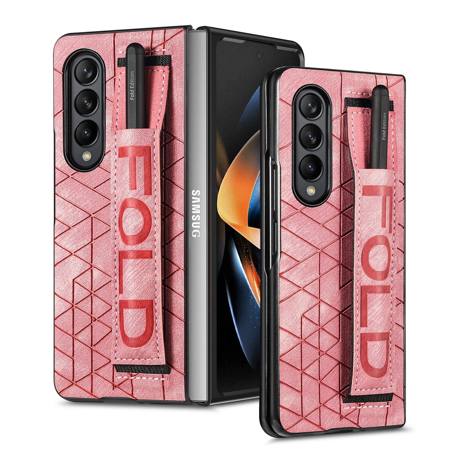 Samsung Galaxy Z Fold4 Shockproof Leather Case Wristband Stand Case Cover Pink