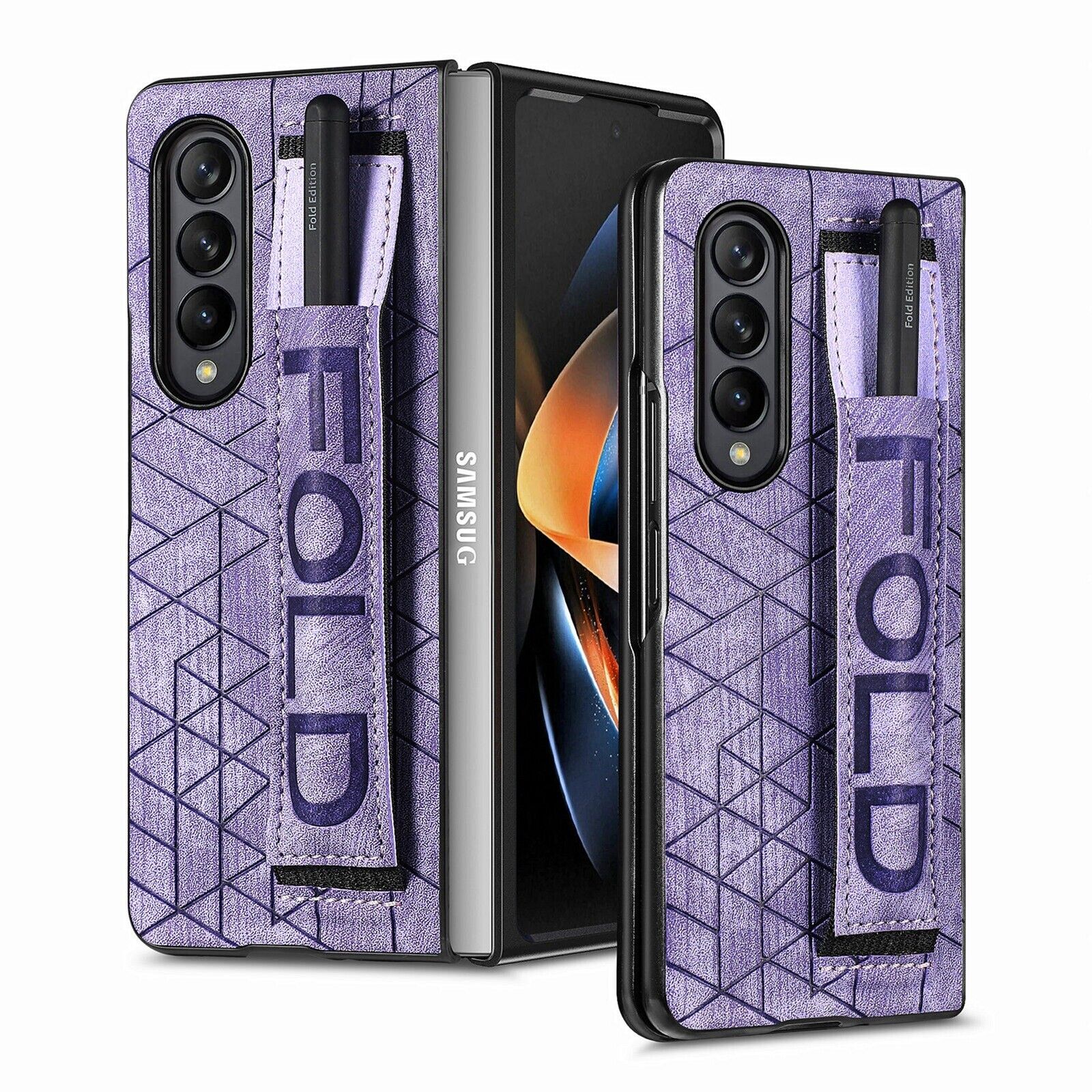 Samsung Galaxy Z Fold4 Shockproof Leather Case Wristband Stand Case Cover Purple