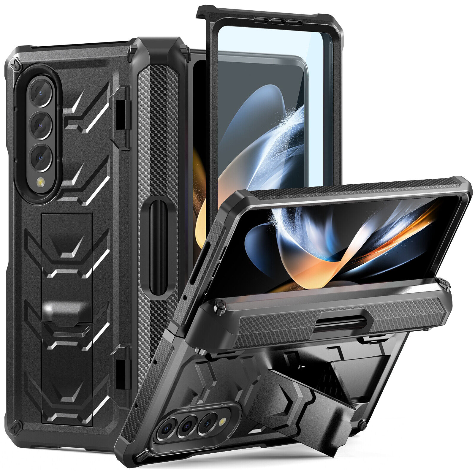 Samsung Galaxy Z Fold4 Z Fold 3 Heavy Rugged Kickstand Case Screen Protector Black