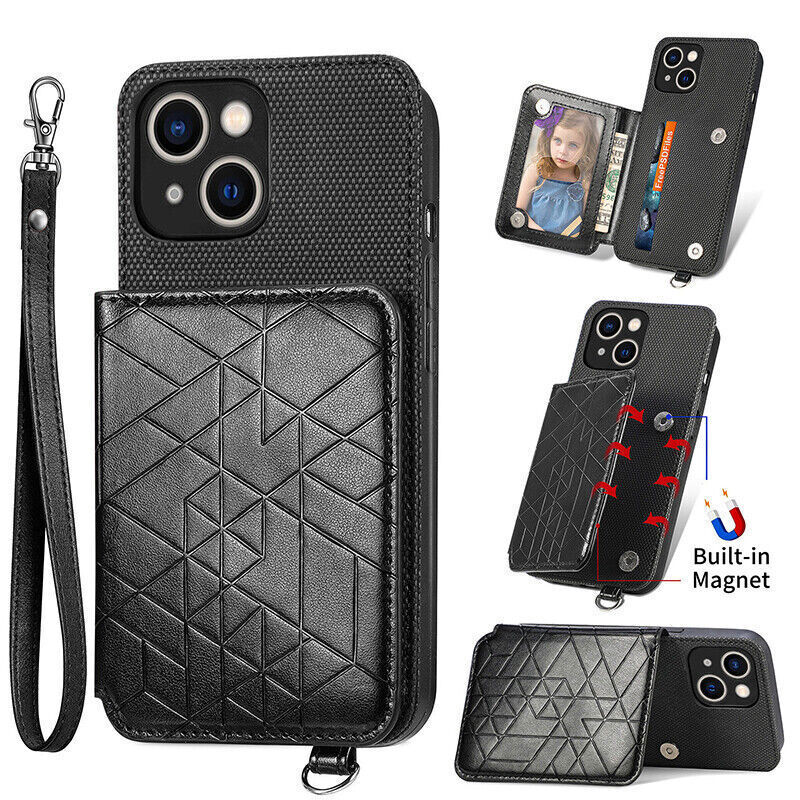 Nokia C32 Strap Magnetic Flip Leather Wallet Case Cover Black