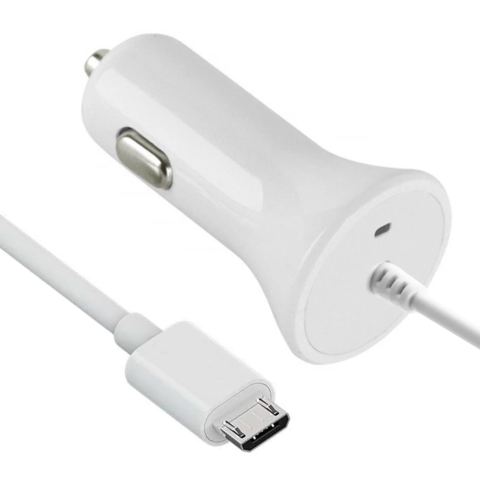 White Car Charger with Built In Micro USB Cable, 5V 1.2A New Adapter Socket Cord