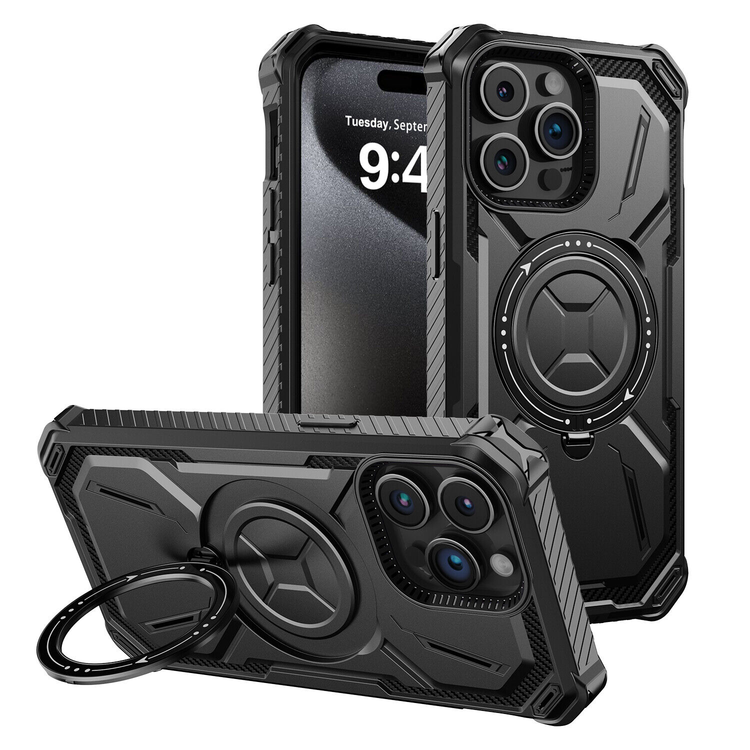 Apple iPhone 15:15 Plus:15 Pro:15 Pro Max Heavy Duty Defender Case, Belt Clip Holster Black
