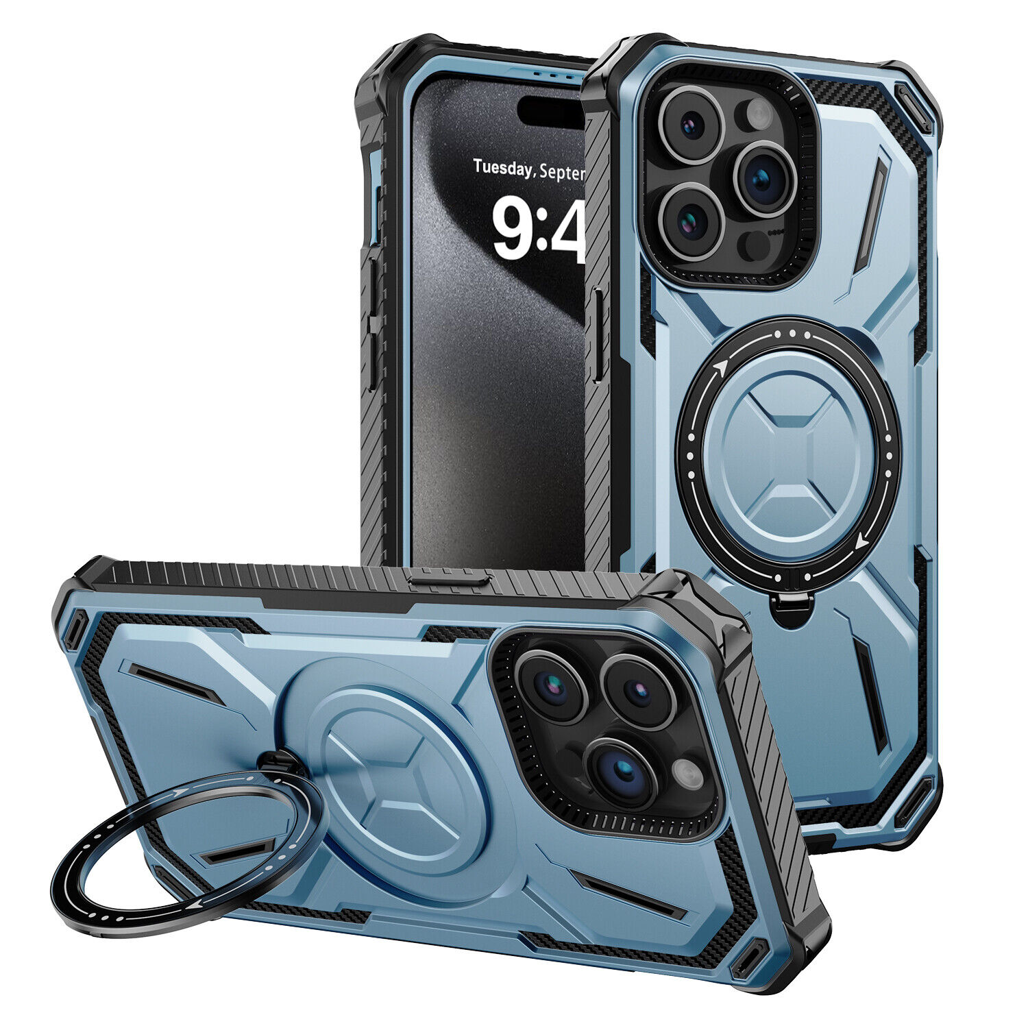 Apple iPhone 15:15 Plus:15 Pro:15 Pro Max Heavy Duty Defender Case, Belt Clip Holster Blue