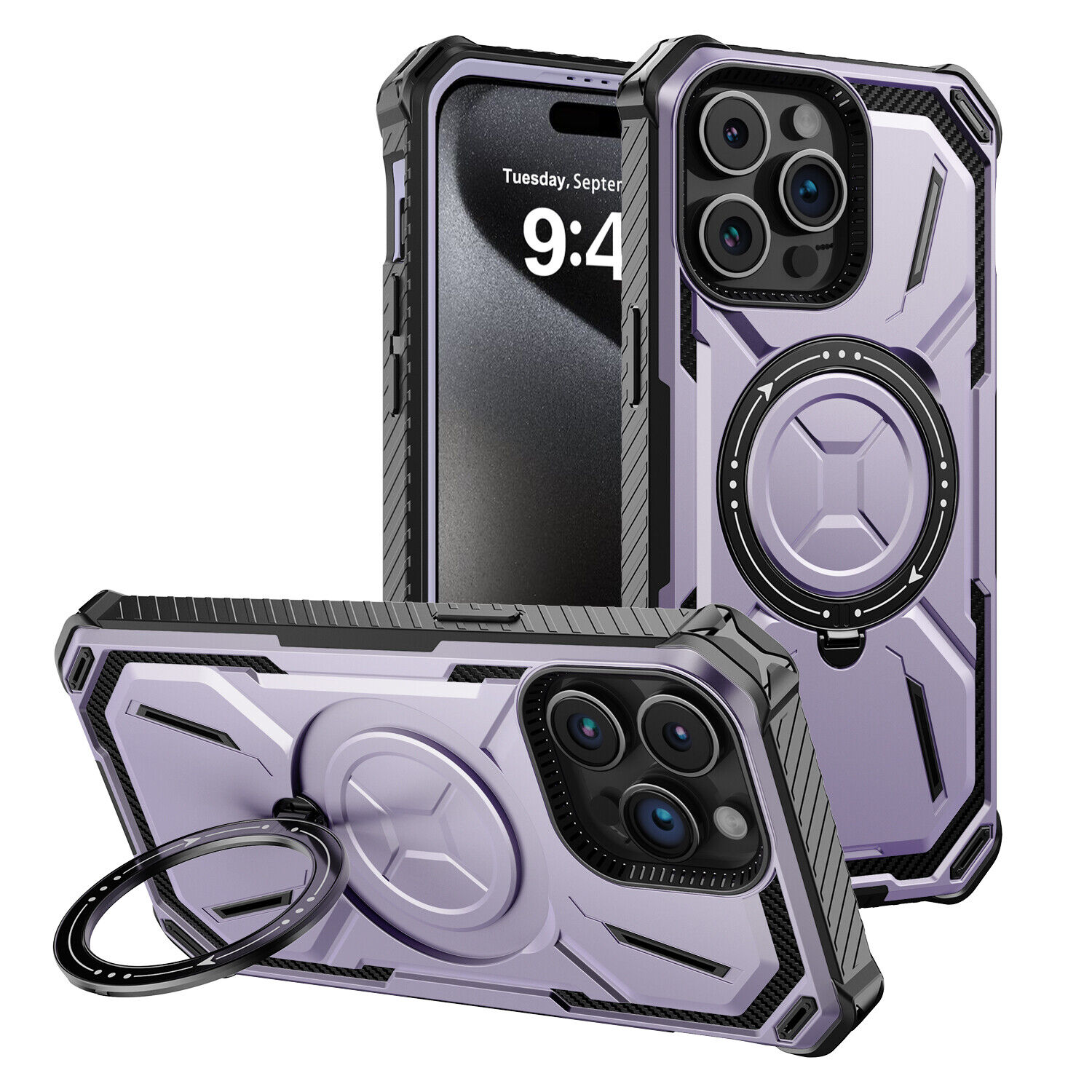 Apple iPhone 15:15 Plus:15 Pro:15 Pro Max Heavy Duty Defender Case, Belt Clip Holster Purple