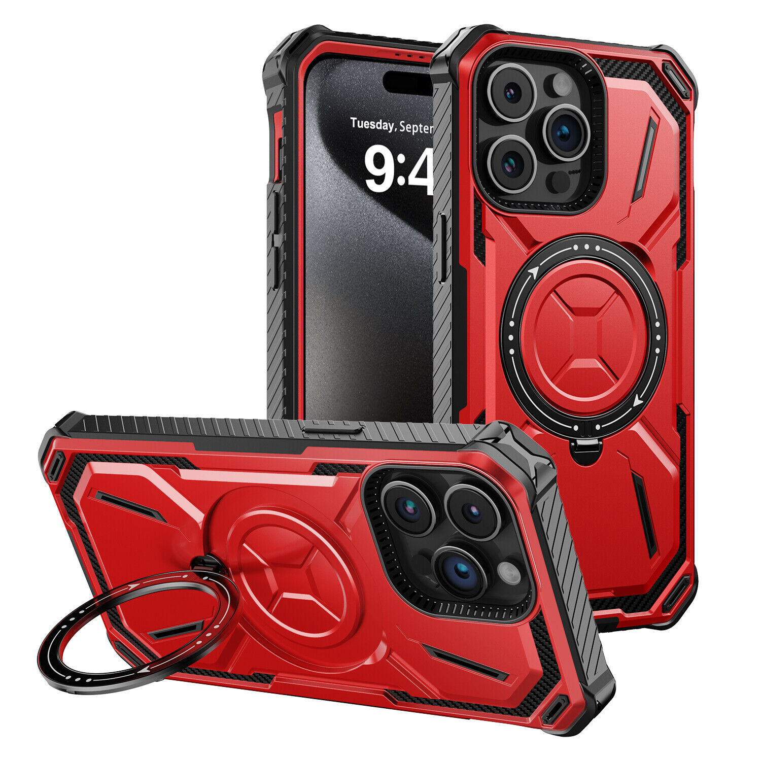 Apple iPhone 15:15 Plus:15 Pro:15 Pro Max Heavy Duty Defender Case, Belt Clip Holster Red