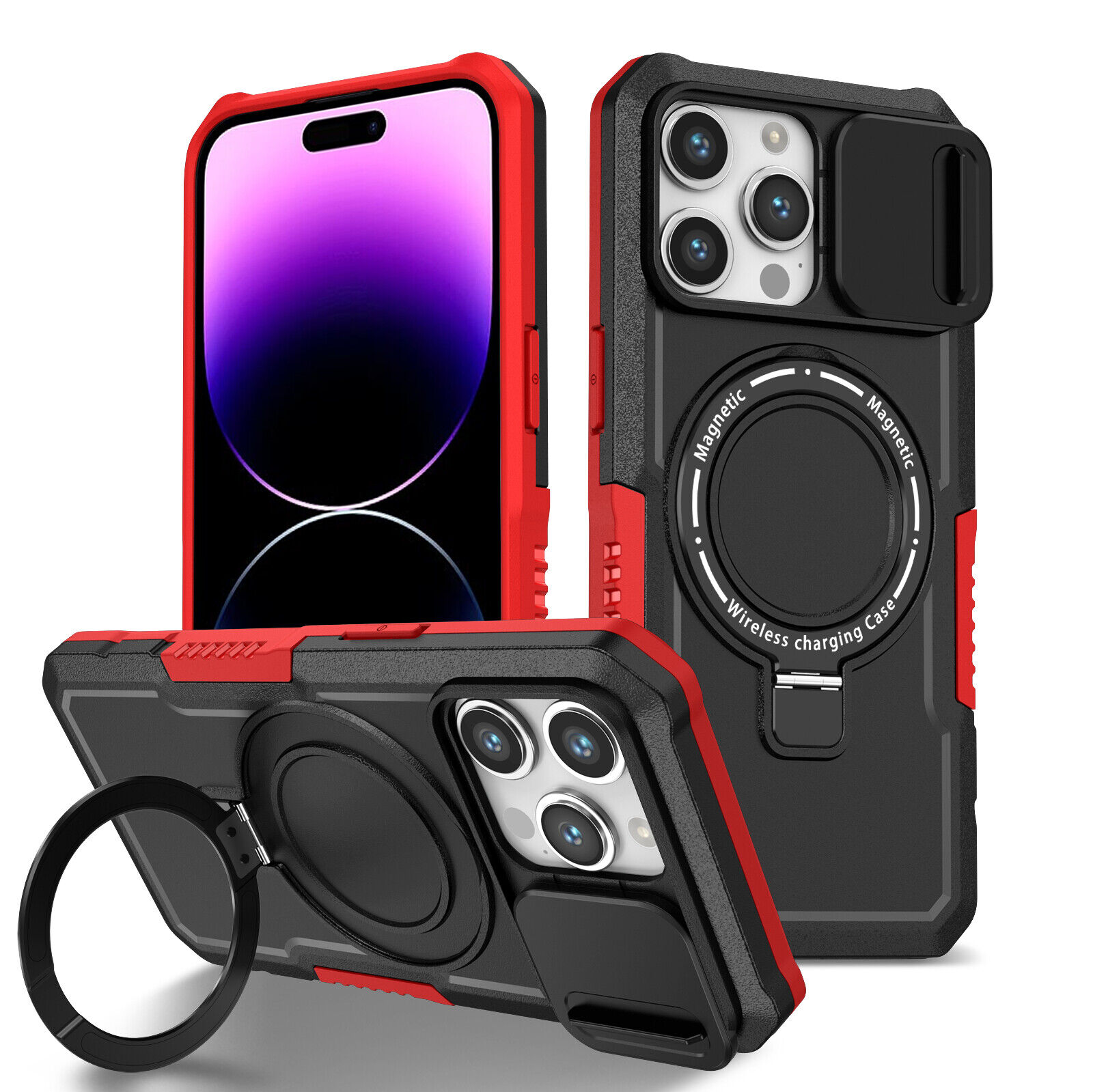 iPhone 15:15 Plus:15 Pro:15 Pro Max Magnetic MagSafe Case Slide Lens Protector Ring Holder Black and Red