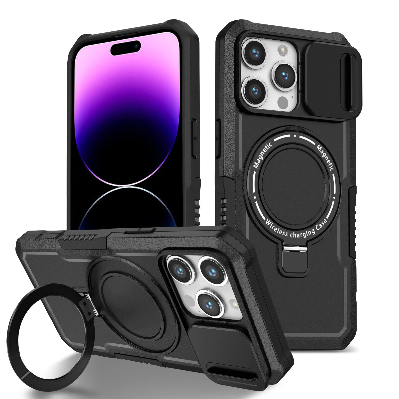 iPhone 15:15 Plus:15 Pro:15 Pro Max Magnetic MagSafe Case Slide Lens Protector Ring Holder Black