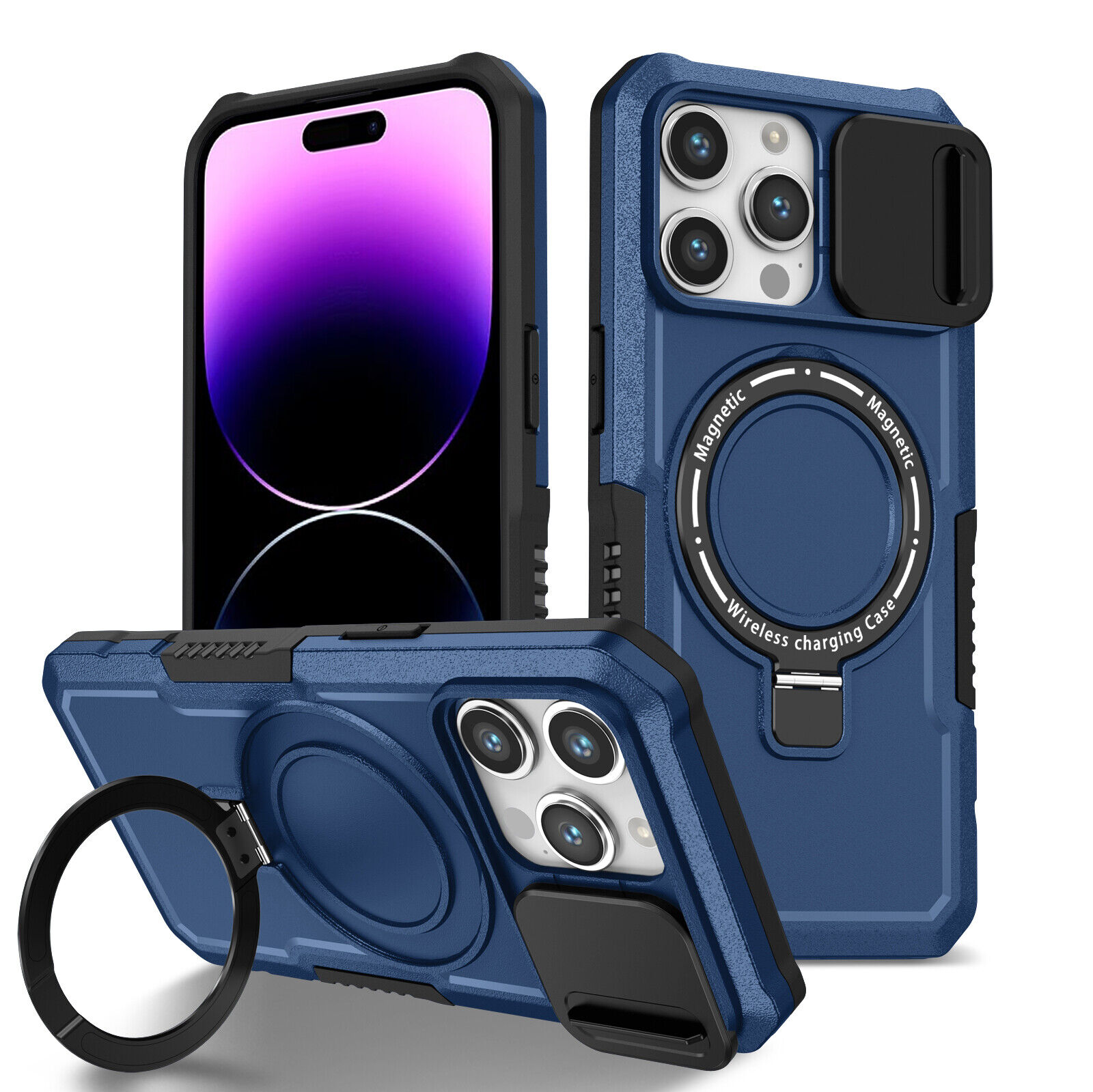 iPhone 15:15 Plus:15 Pro:15 Pro Max Magnetic MagSafe Case Slide Lens Protector Ring Holder Blue