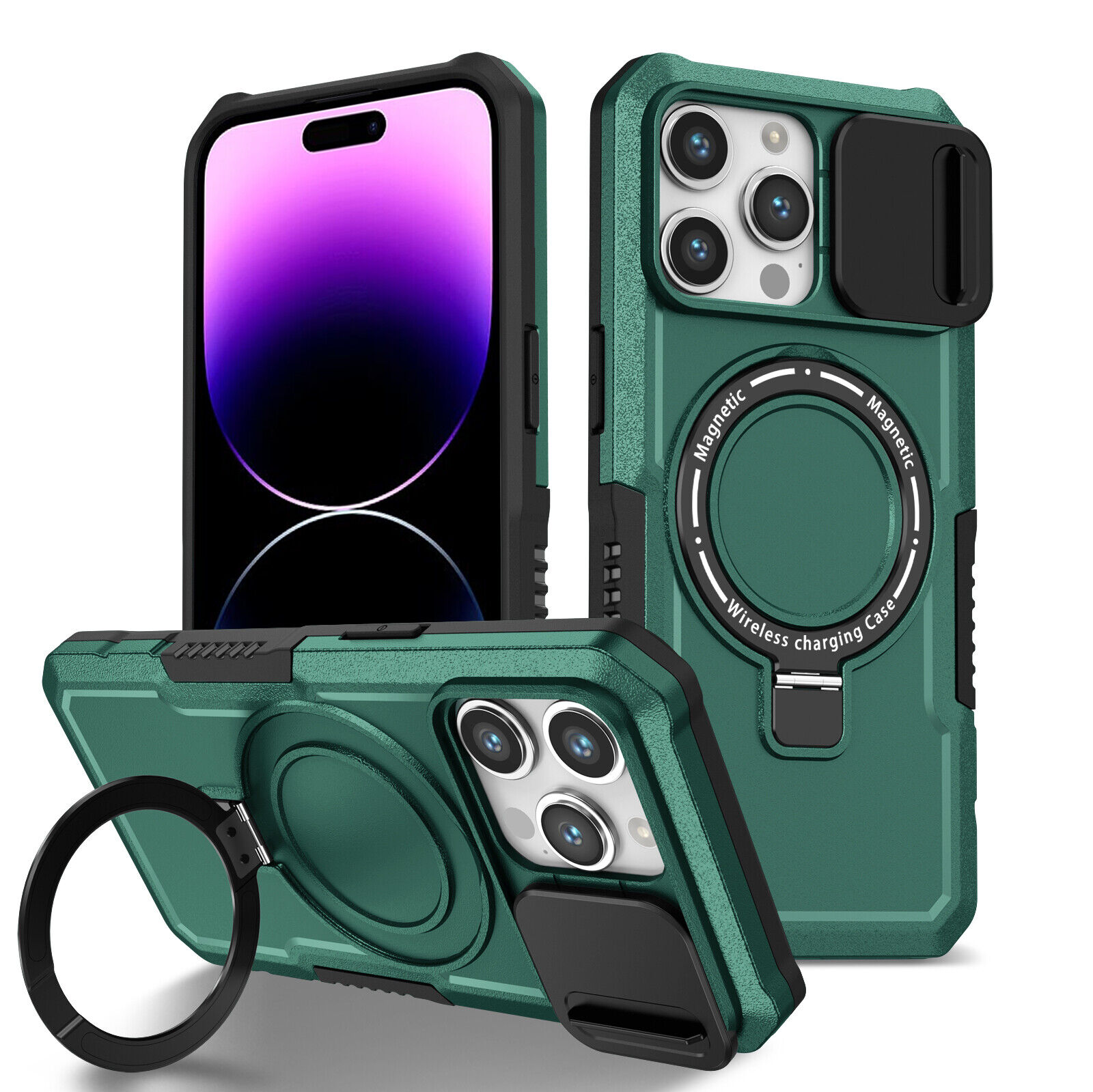 iPhone 15:15 Plus:15 Pro:15 Pro Max Magnetic MagSafe Case Slide Lens Protector Ring Holder Green