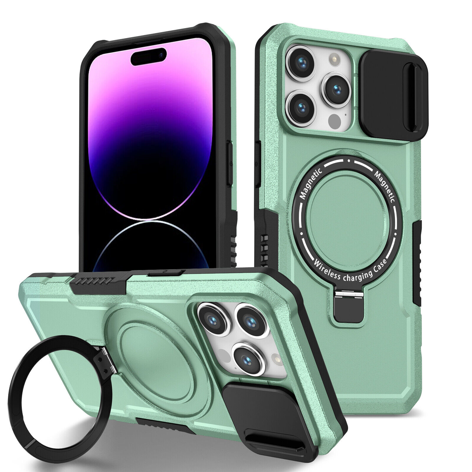 iPhone 15:15 Plus:15 Pro:15 Pro Max Magnetic MagSafe Case Slide Lens Protector Ring Holder Mint