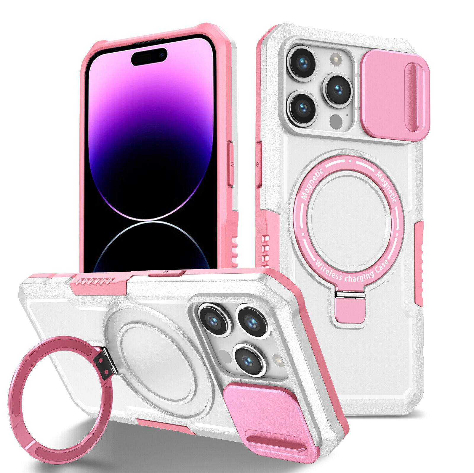 iPhone 15:15 Plus:15 Pro:15 Pro Max Magnetic MagSafe Case Slide Lens Protector Ring Holder Pink and White