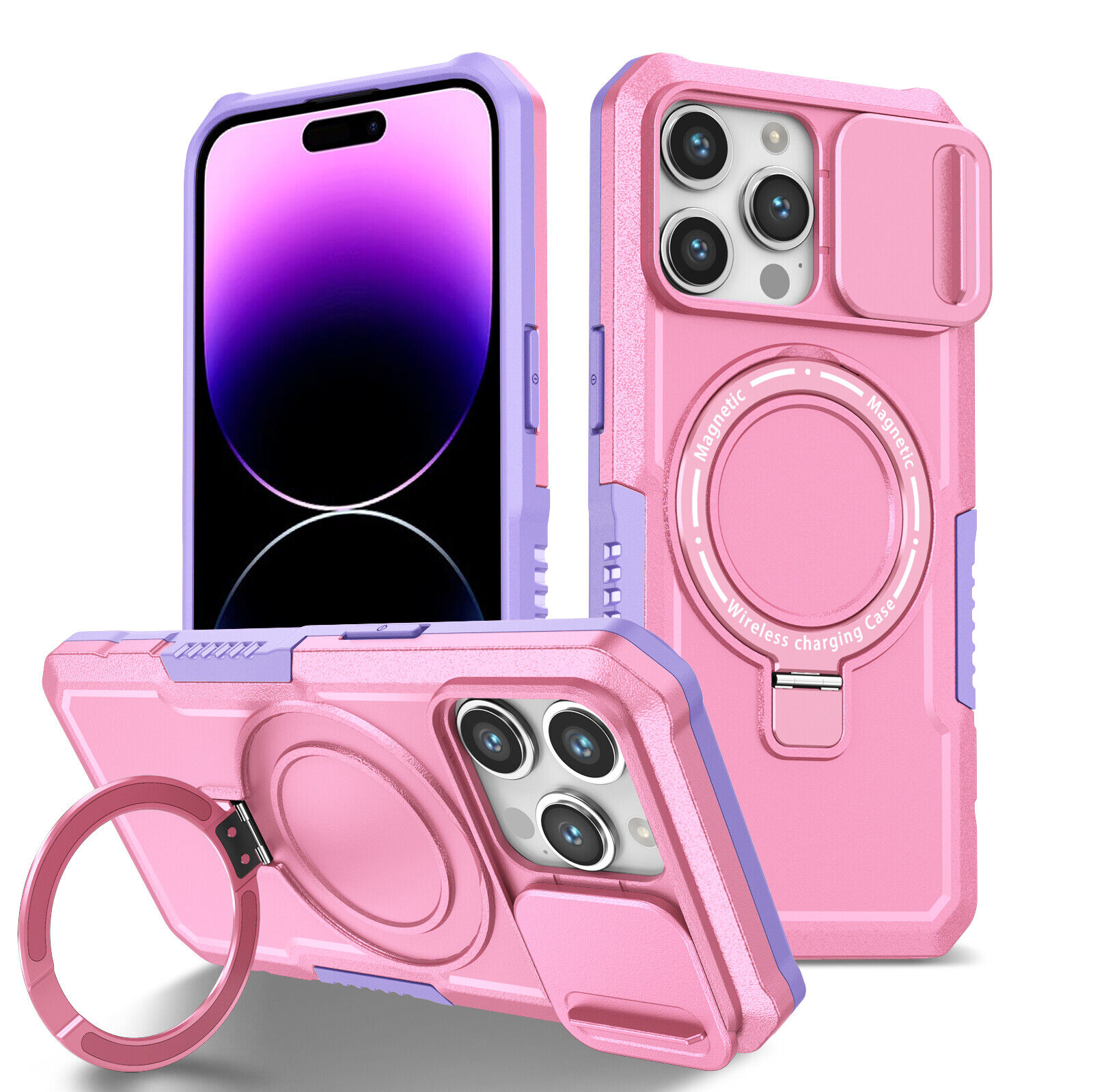iPhone 15:15 Plus:15 Pro:15 Pro Max Magnetic MagSafe Case Slide Lens Protector Ring Holder Pink