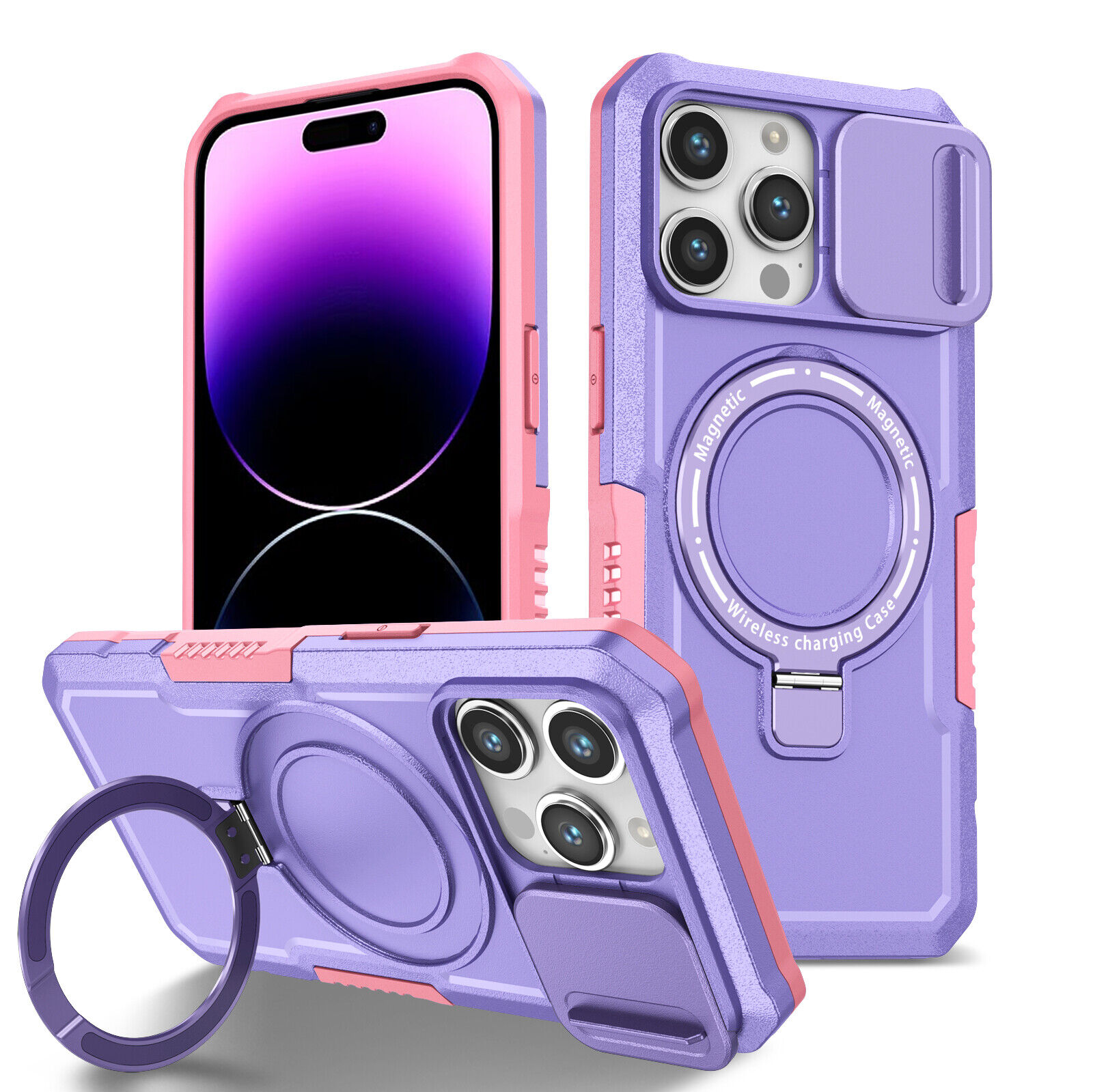 iPhone 15:15 Plus:15 Pro:15 Pro Max Magnetic MagSafe Case Slide Lens Protector Ring Holder Purple
