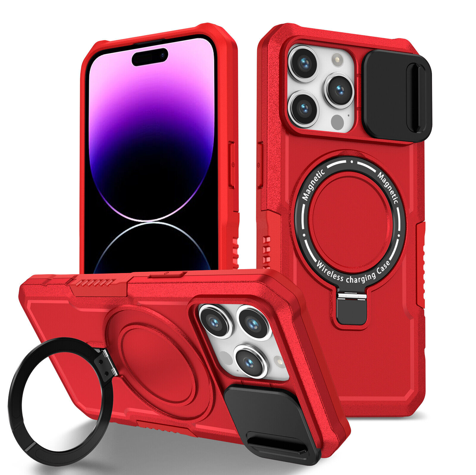 iPhone 15:15 Plus:15 Pro:15 Pro Max Magnetic MagSafe Case Slide Lens Protector Ring Holder Red