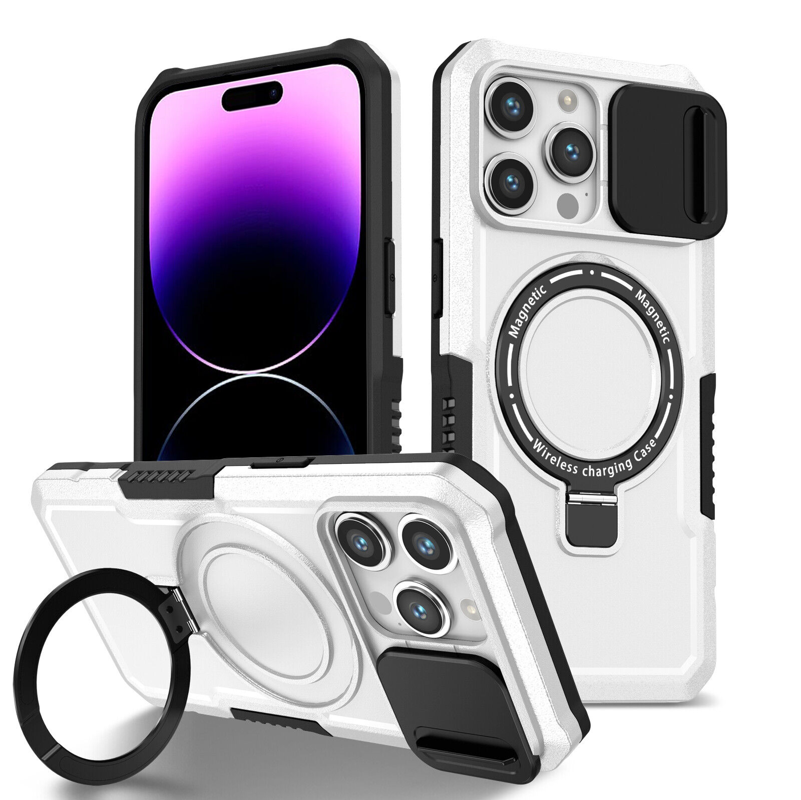 iPhone 15:15 Plus:15 Pro:15 Pro Max Magnetic MagSafe Case Slide Lens Protector Ring Holder White
