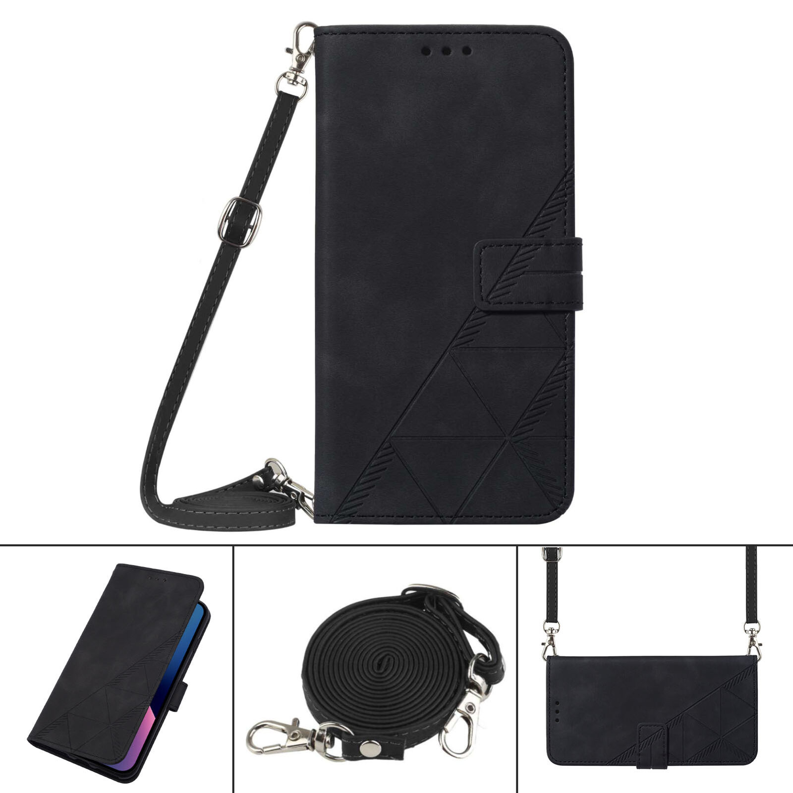 iPhone 15 Pro Max 14 13 12 11 XR Flip Stand Crossbody Wallet Slim Phone Case Black