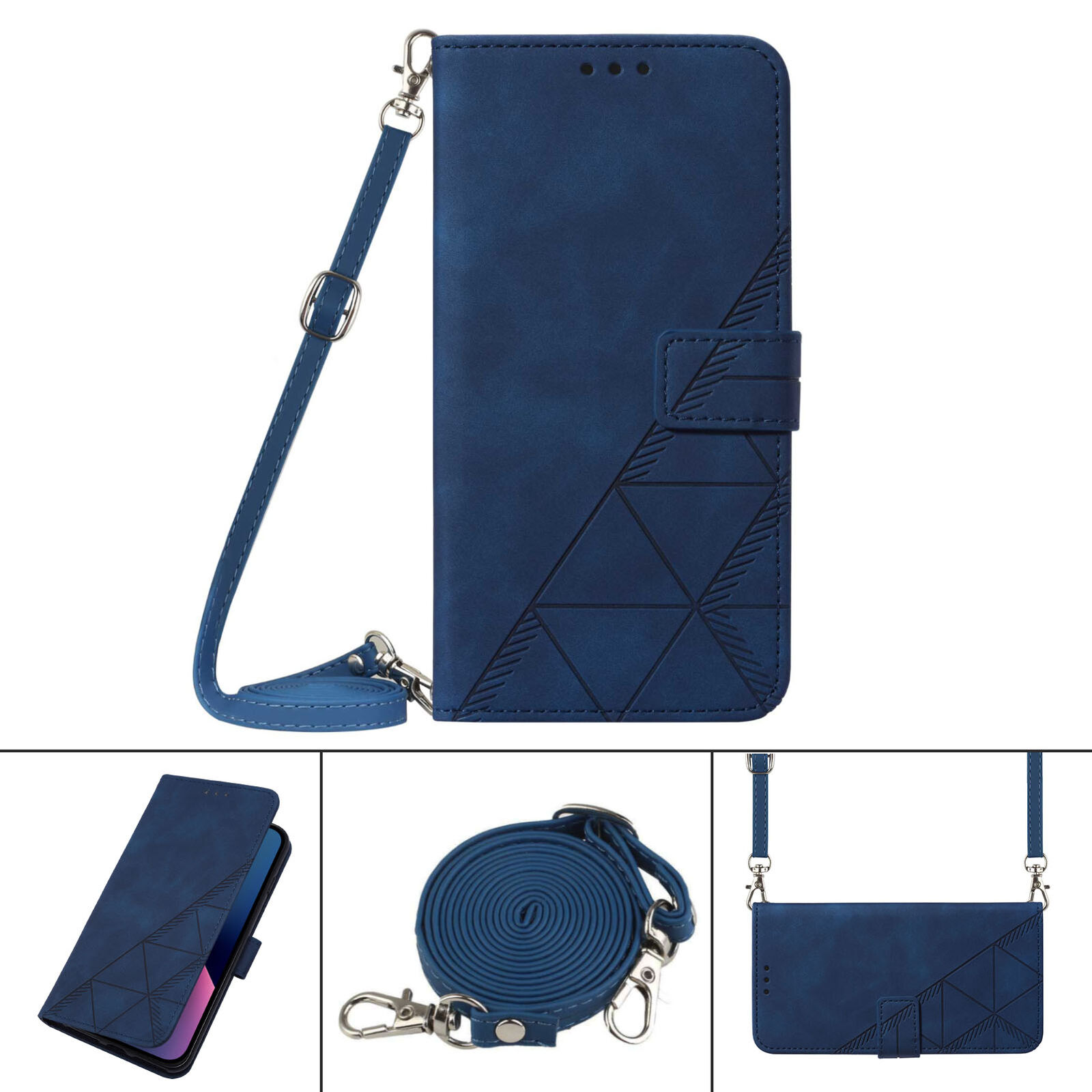 iPhone 15 Pro Max 14 13 12 11 XR Flip Stand Crossbody Wallet Slim Phone Case Blue