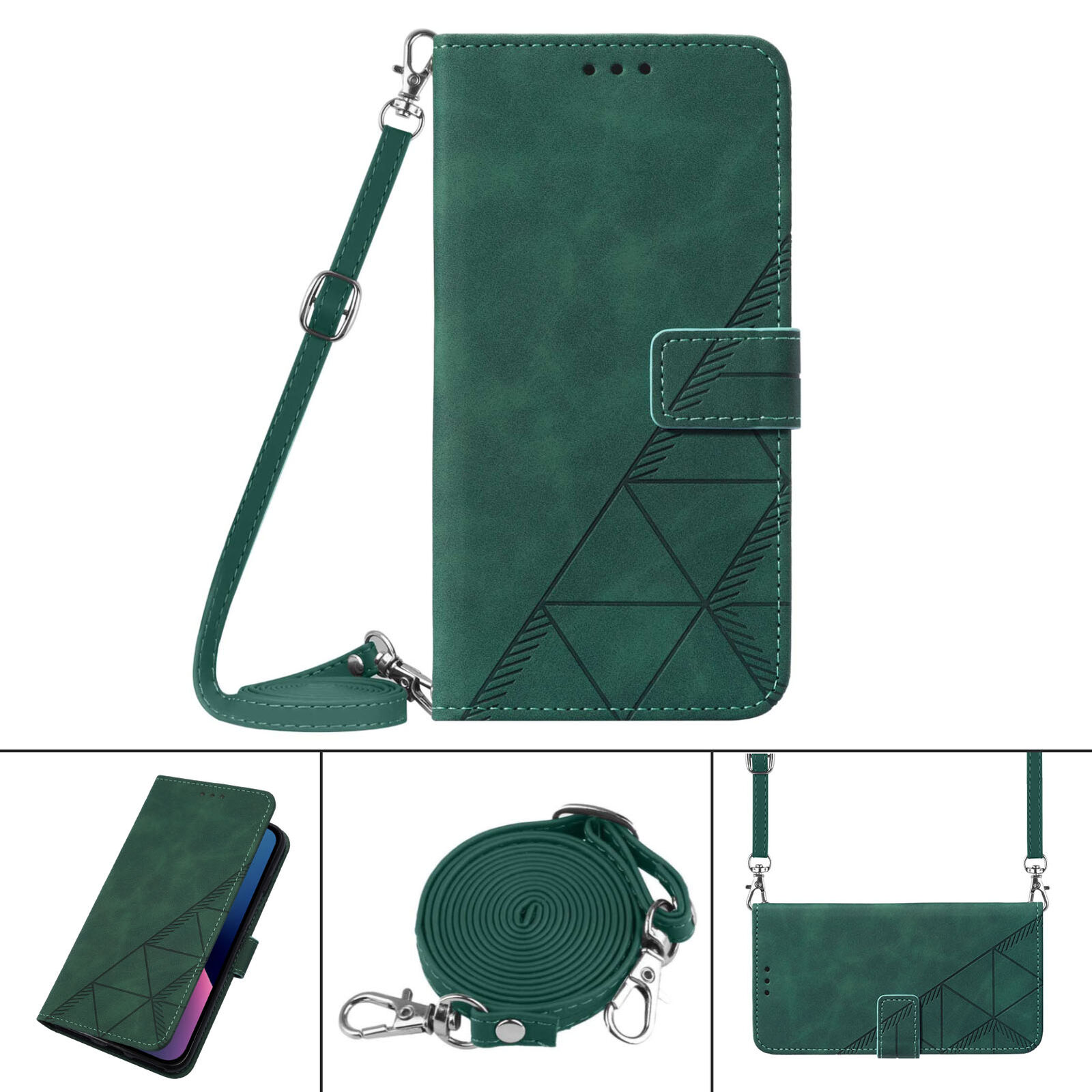 iPhone 15 Pro Max 14 13 12 11 XR Flip Stand Crossbody Wallet Slim Phone Case Dark Green