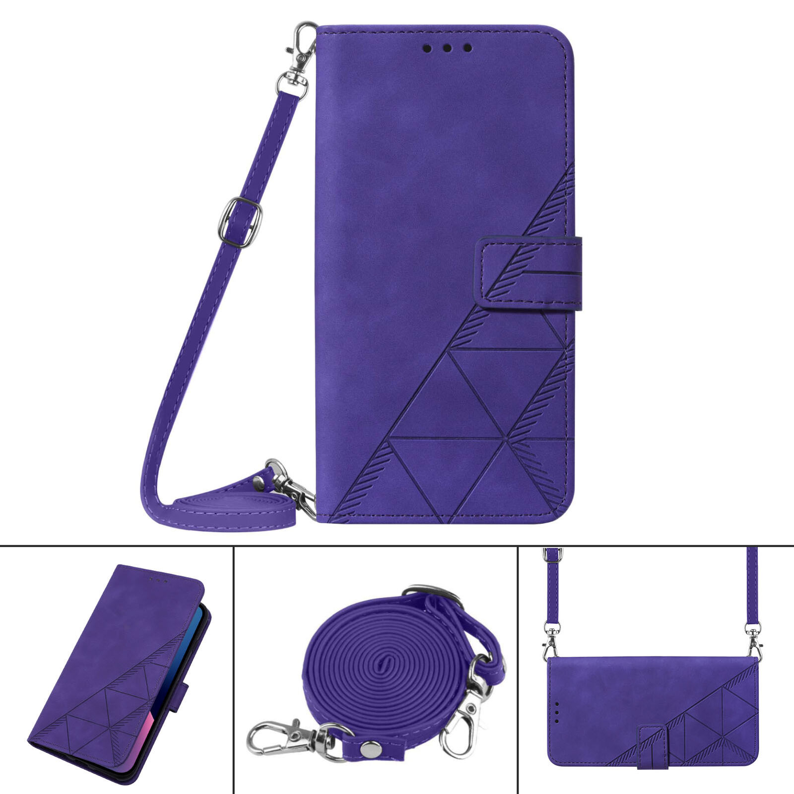 iPhone 15 Pro Max 14 13 12 11 XR Flip Stand Crossbody Wallet Slim Phone Case Purple