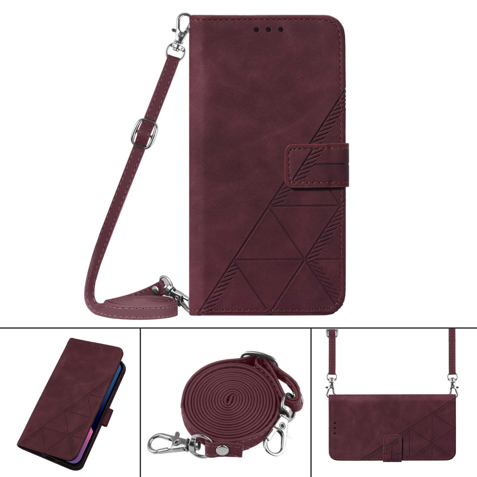iPhone 15 Pro Max 14 13 12 11 XR Flip Stand Crossbody Wallet Slim Phone Case Wine Red