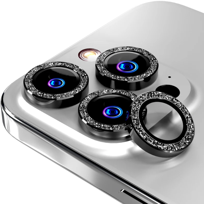Apple iPhone 14 Pro:14 Pro Max (2022) 15 Pro:15 Pro Max (2023) Rome Tech Glitter Powder Series Lens 3 + 1 spare Black