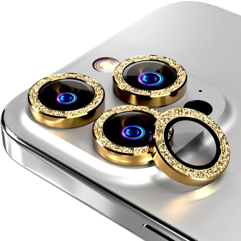 Apple iPhone 14 Pro:14 Pro Max (2022) 15 Pro:15 Pro Max (2023) Rome Tech Glitter Powder Series Lens 3 + 1 spare Gold