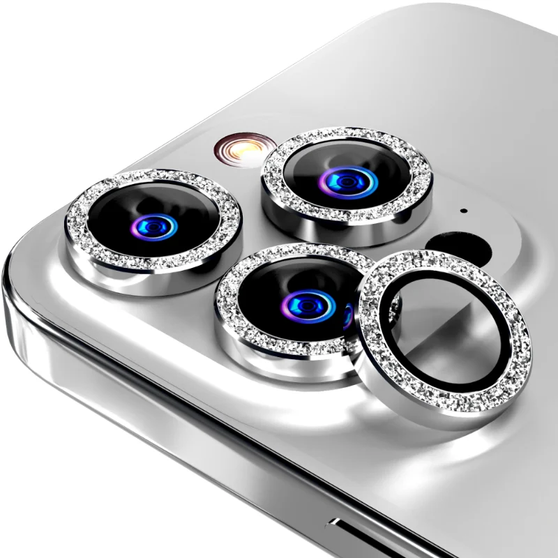 Apple iPhone 14 Pro:14 Pro Max (2022) 15 Pro:15 Pro Max (2023) Rome Tech Glitter Powder Series Lens 3 + 1 spare Silver