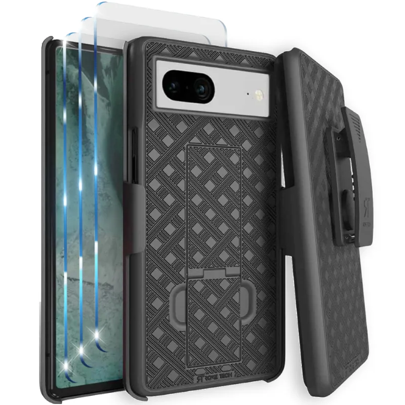 Google Pixel 7 (2022) Rome Tech Shell Holster Combo Case w:Tempered Glass Screen Protector 3 Per Paсk Black