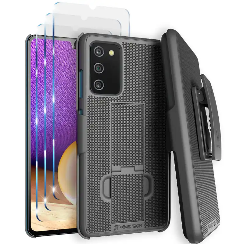 Samsung Galaxy A03s 6.5 (2021) Rome Tech Shell Holster Combo Case w:Tempered Glass Screen Protector 3 Per Paсk Black