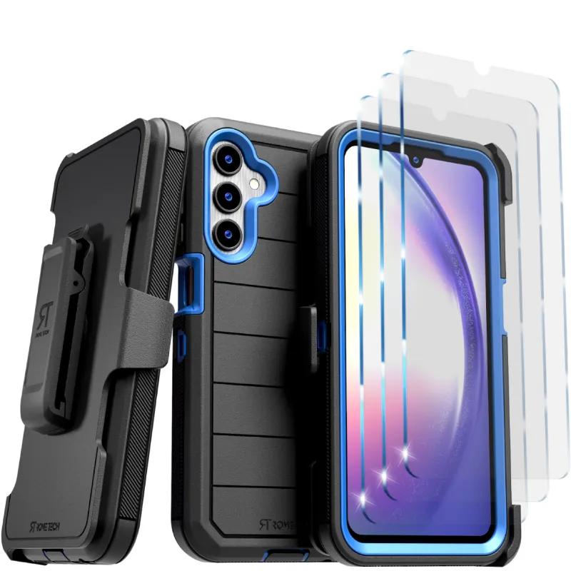 Samsung Galaxy A15 5G (2024) Rome Tech Defender Series Case w:Tempered Glass Screen Protector 3 Per Pack Black : Blue