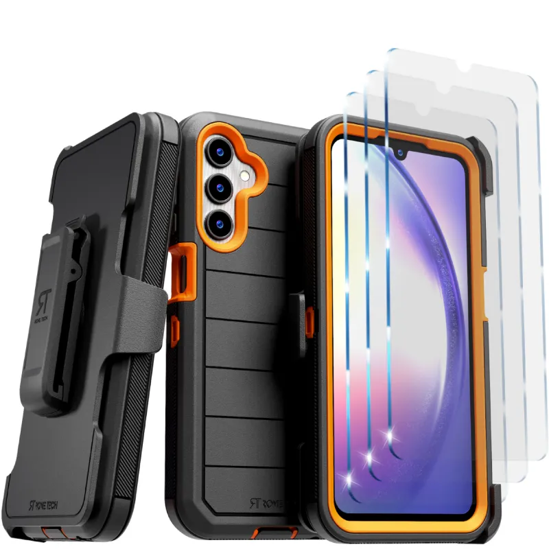 Samsung Galaxy A15 5G (2024) Rome Tech Defender Series Case w:Tempered Glass Screen Protector 3 Per Pack Orange