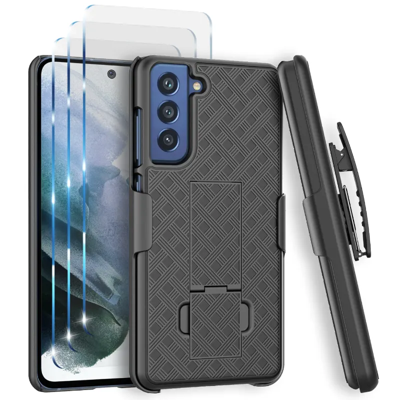 Samsung Galaxy S21 FE 5G 6.41 (2021) Rome Tech Shell Holster Combo Case w:Tempered Glass Screen Protector 3 Per Paсk Black