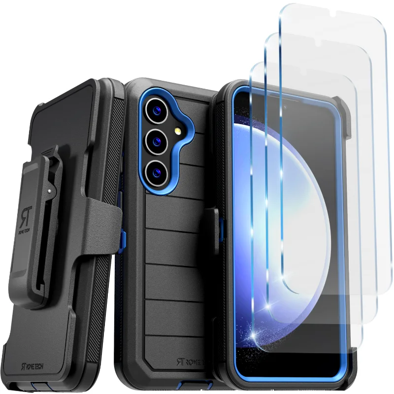 Samsung Galaxy S24 (2024) Defender Series Case w:Tempered Glass Screen Protector 3 Per Paсk Black : Blue