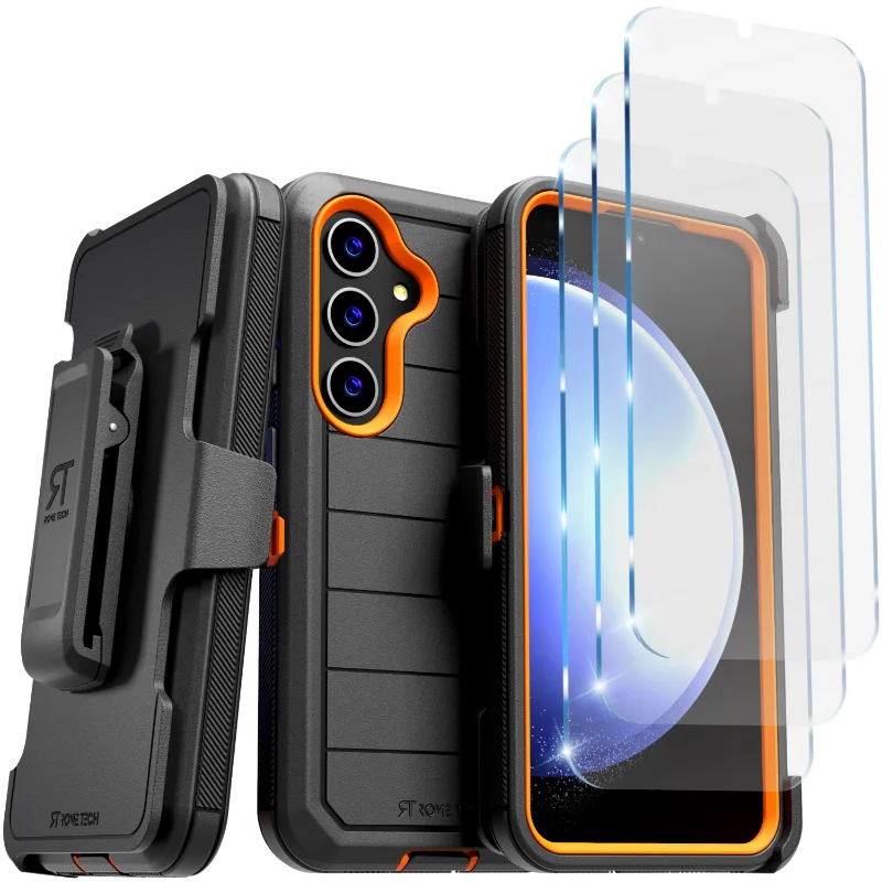 Samsung Galaxy S24 (2024) Defender Series Case w:Tempered Glass Screen Protector 3 Per Paсk Black : Orange