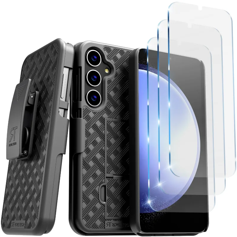 Samsung Galaxy S24 (2024) Rome Tech Shell Holster Combo Case w:Tempered Glass Screen Protector 3 Per Paсk Black