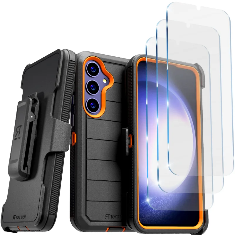 Samsung Galaxy S24 Plus (2024) Rome Tech Defender Series Case w:Tempered Glass Screen Protector 3 Per Pack Black : Orange